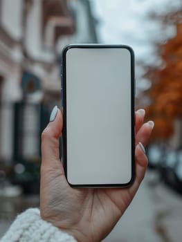 A person is holding a phone with a white screen. The phone is in a pink background