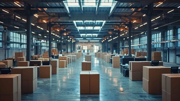 A large room with many boxes and potted plants. The room is empty and waiting to be filled with furniture and decorations. Scene is one of anticipation and excitement for the new space