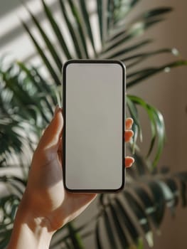 A person is holding a phone with a white screen. The phone is in a pink background