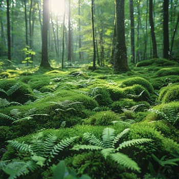 Close-up of moss and ferns in a dense forest, illustrating lush greenery and growth.