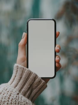 A person is holding a cell phone with a white screen. The phone is in a hand and the person is wearing a sweater