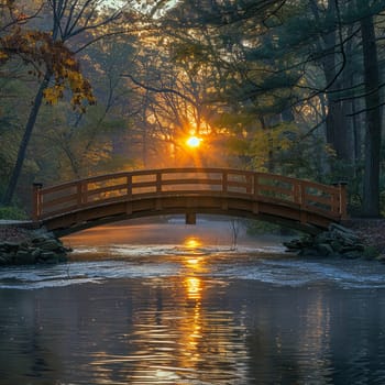 A bridge spanning a tranquil river at sunrise, connecting two shores and symbolizing passage.