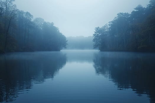 A blanket of fog over a calm lake at dawn, evoking a sense of mystery and tranquility.