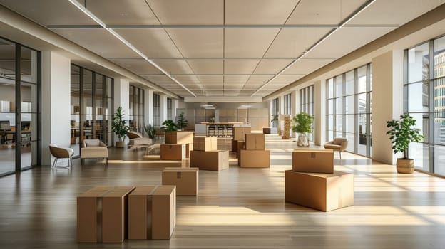 A large room with many boxes and potted plants. The room is empty and waiting to be filled with furniture and decorations. Scene is one of anticipation and excitement for the new space