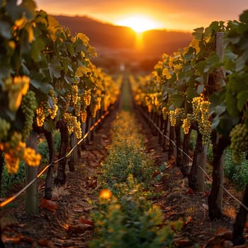 Golden hour sunlight filtering through a vineyard, creating a warm and inviting atmosphere.