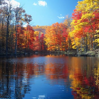Vivid autumn colors reflected in a still lake, showcasing seasonal change.