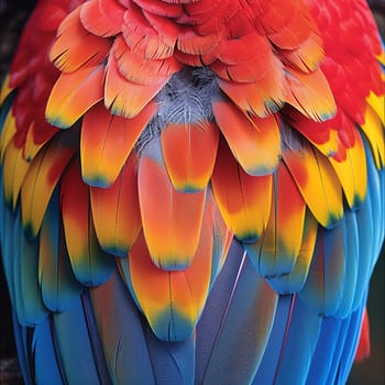 Close-up of a colorful parrot's feathers, great for vibrant and exotic projects.