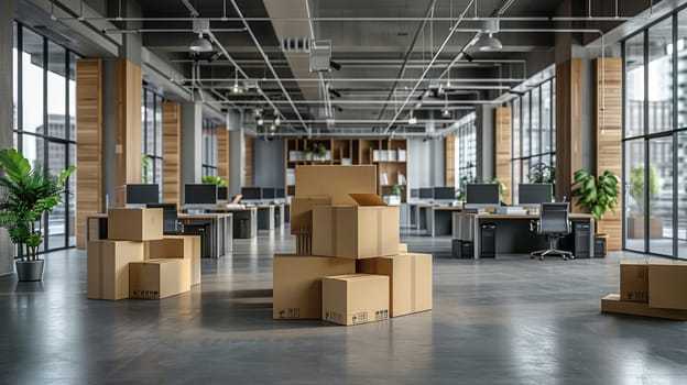 A large room with many boxes and potted plants. The room is empty and waiting to be filled with furniture and decorations. Scene is one of anticipation and excitement for the new space