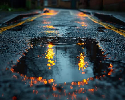 Wet asphalt after rain with reflections, suitable for moody and atmospheric backgrounds.