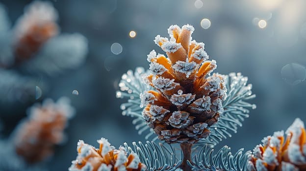 Macro shot of frost on a pine cone, showcasing winter's intricate details.