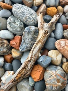 The contrasting textures of smooth pebbles and rough driftwood on a beach, showcasing natural diversity.