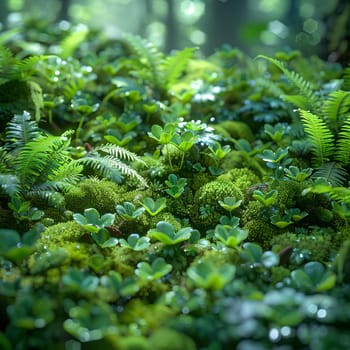 Close-up of moss and ferns in a dense forest, illustrating lush greenery and growth.