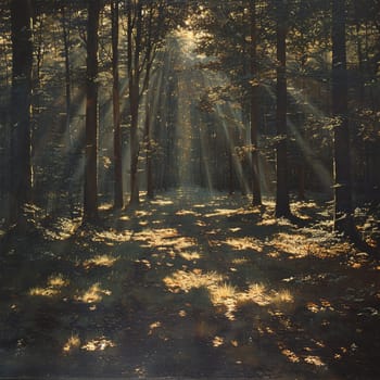 Shadows cast by a forest canopy on a woodland floor, creating a natural mosaic of light and dark.