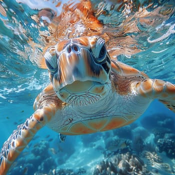 Underwater view of a swimming turtle, capturing marine life and tranquility.