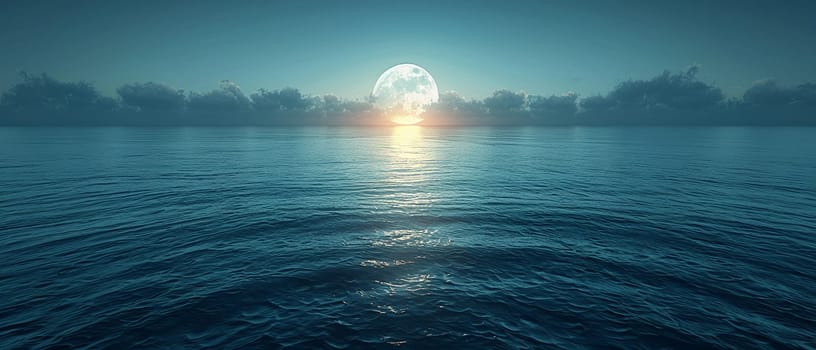 A full moon rising over a tranquil sea, evoking mystery and the beauty of the night.