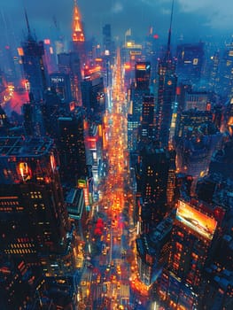 A bustling city view from above, illuminated by lights at twilight, representing urban life and energy.