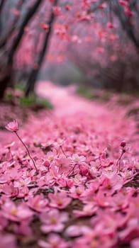 A path lined with cherry blossoms in full bloom, representing renewal and beauty.