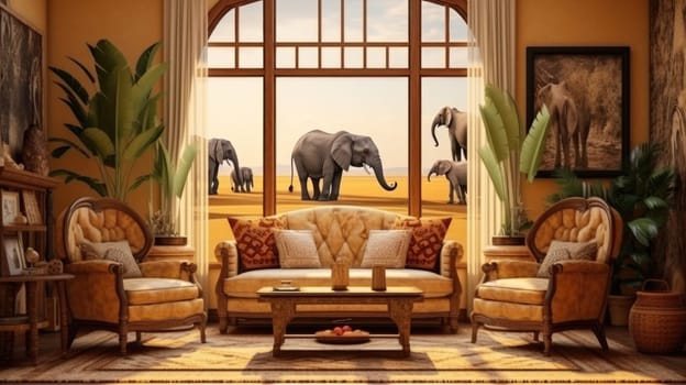 The composition of the cozy interior of the living room in an African style with a large window on the background of savannah and animals.