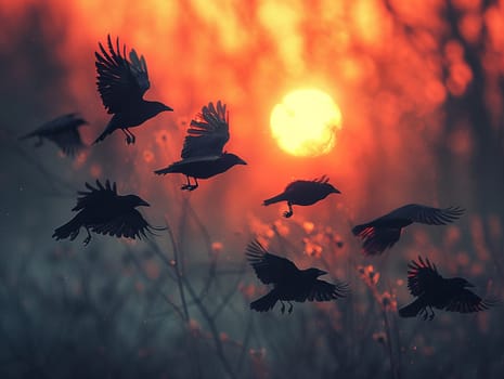 Silhouette of birds flying at dusk, representing freedom and the beauty of nature.