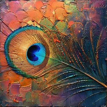 Close-up of a peacock feather, displaying vibrant colors and natural patterns.