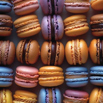 Close-up of colorful macarons arranged in a pattern, representing sweetness and indulgence.