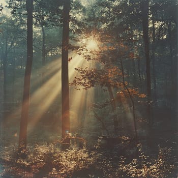 Sunlight filtering through dense forest trees, capturing a mystical and ethereal mood.