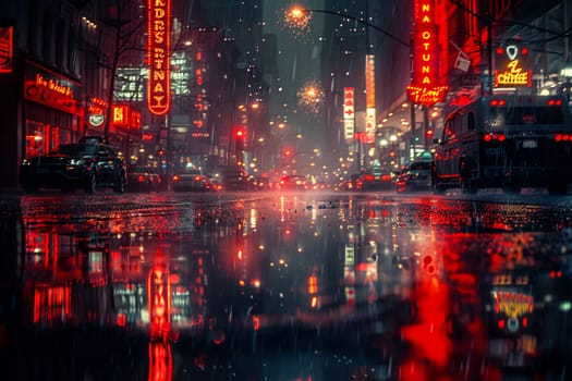 Rain falling on a city street at night, creating reflections and a moody atmosphere.