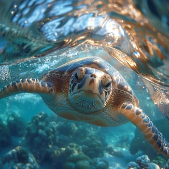 Underwater view of a swimming turtle, capturing marine life and tranquility.