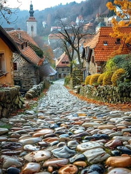 Worn cobblestone street in historic town, great for vintage and cultural projects.