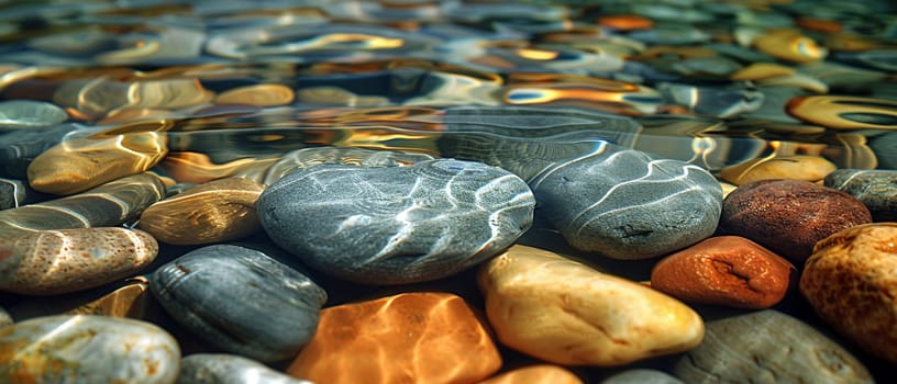 Smooth pebbles under clear stream water, for peaceful and zen-like designs.