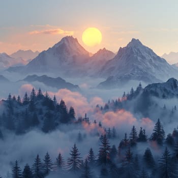 Misty mountain range at dawn, ideal for tranquil and majestic background themes.