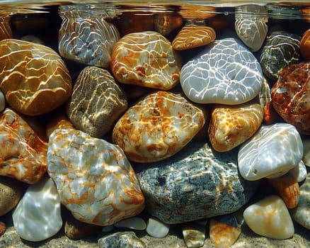 Smooth pebbles under clear stream water, for peaceful and zen-like designs.