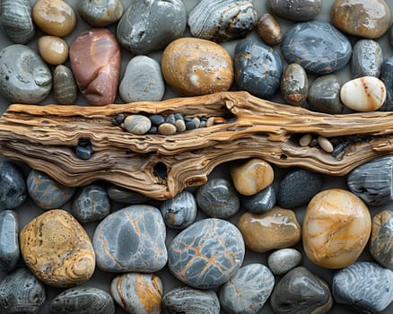 The contrasting textures of smooth pebbles and rough driftwood on a beach, showcasing natural diversity.