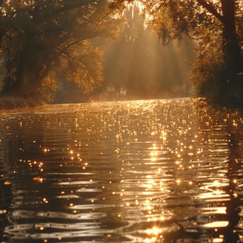 Golden sunlight on a tranquil lake, ideal for peaceful and reflective design themes.