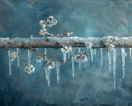 Frozen icicles hanging from a branch, capturing winter's chill and beauty.