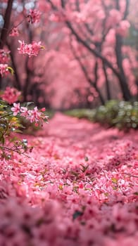 A path lined with cherry blossoms in full bloom, representing renewal and beauty.