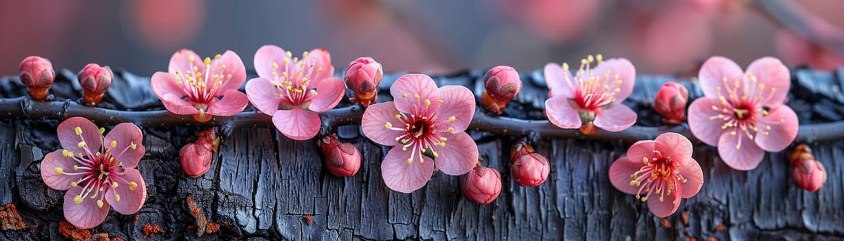 Blooming cherry blossoms against blue sky, ideal for spring and floral themes. Rough bark texture of an old tree, great for nature and rustic designs.