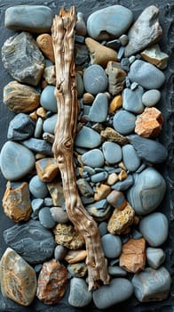 The contrasting textures of smooth pebbles and rough driftwood on a beach, showcasing natural diversity.