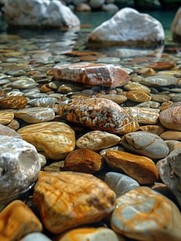 Smooth pebbles under clear stream water, for peaceful and zen-like designs.