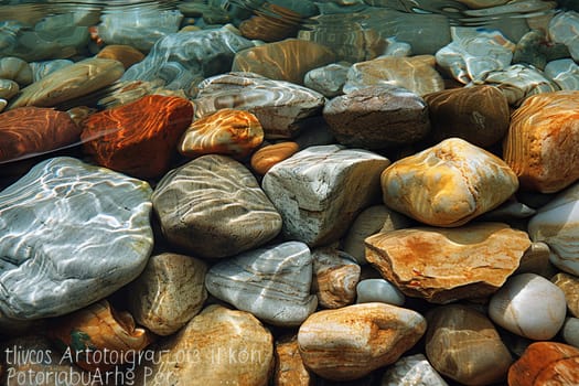 Smooth pebbles under clear stream water, for peaceful and zen-like designs.