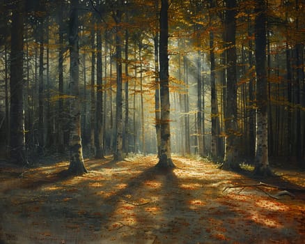 Shadows cast by a forest canopy on a woodland floor, creating a natural mosaic of light and dark.