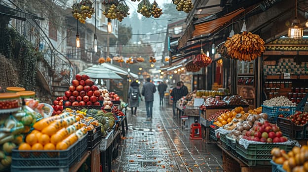 The vibrant hustle of a street market, captured in the colors and textures of goods.