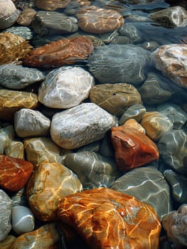 Smooth pebbles under clear stream water, for peaceful and zen-like designs.