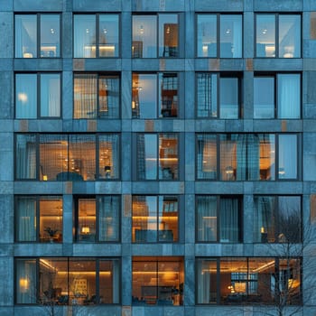 The geometric patterns of a modern skyscraper's facade, symbolizing urban progress and design.