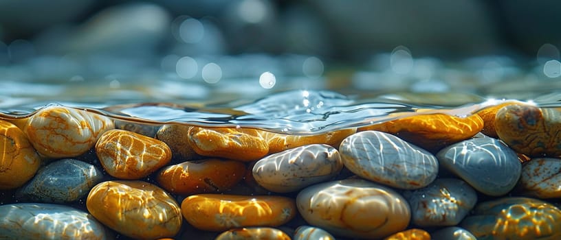 Smooth pebbles under clear stream water, for peaceful and zen-like designs.