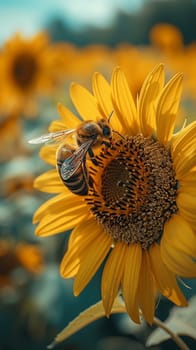 Close-up of a bee on a sunflower, representing nature, pollination, and summer themes.