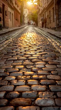 Worn cobblestone street in historic town, great for vintage and cultural projects.