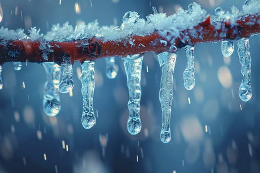 Frozen icicles hanging from a branch, capturing winter's chill and beauty.