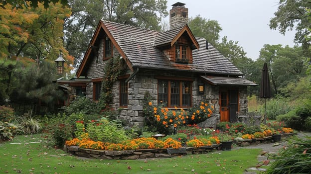 A quaint stone cottage in a lush garden, offering a storybook setting.