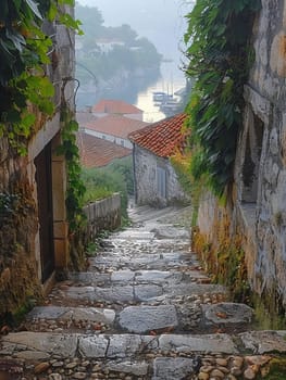 A cobblestone alleyway in an old European town, evoking history and charm.